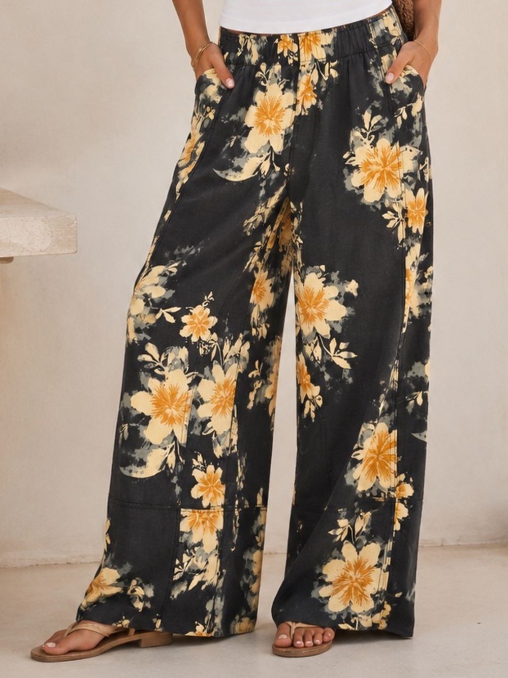 Free People Days End Printed Linen Blend Pull-On Pants L Bohemian Wide Leg Boho